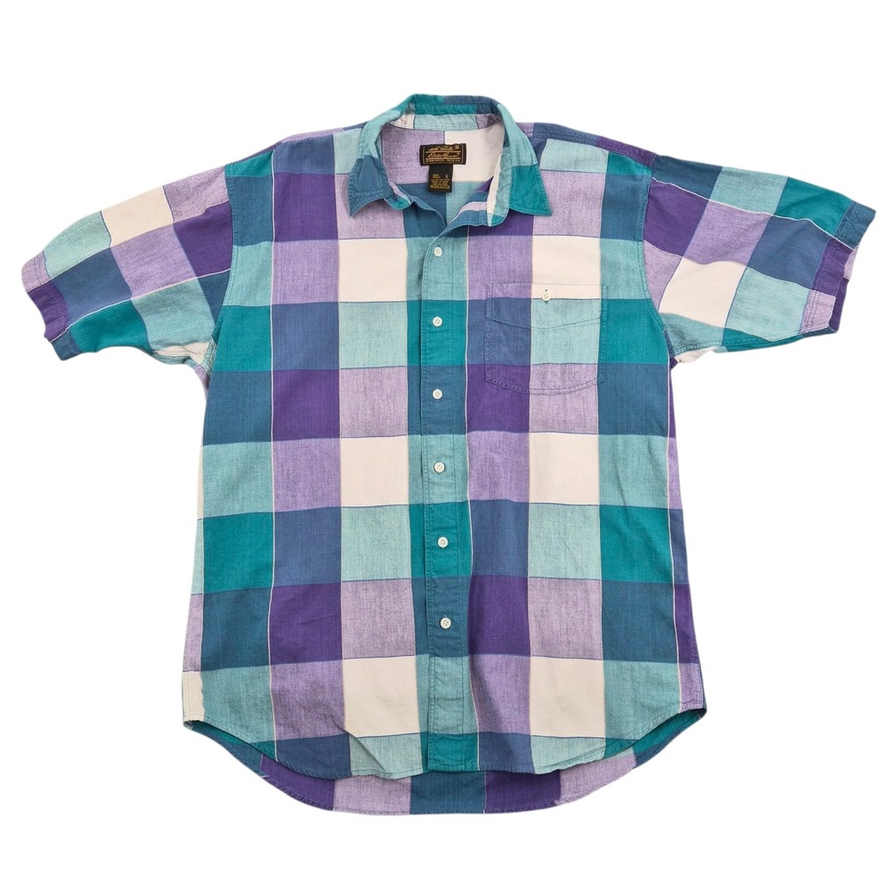 Eddie Bauer Mens Large Short Sleeve Cotton Plaid Button Down Shirt Purple Teal